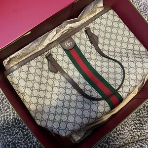 Gucci Ophidia Magnetic/Snap Closure GG Web Tote Medium Beige/Ebony Canvas